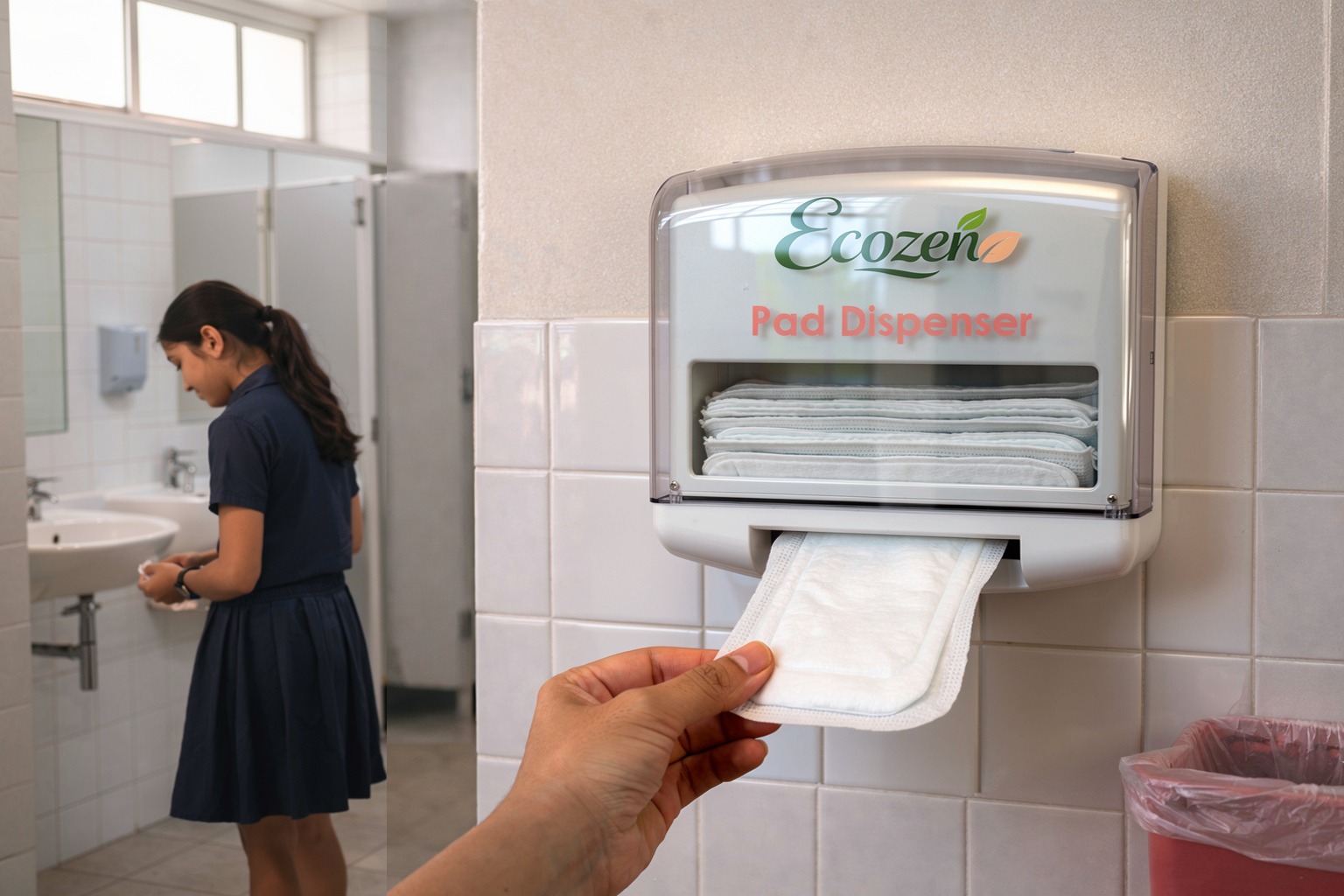 Ecozen-branded pad dispenser installed in a school washroom, with a student washing hands nearby — the Court's vending machine requirement, made real